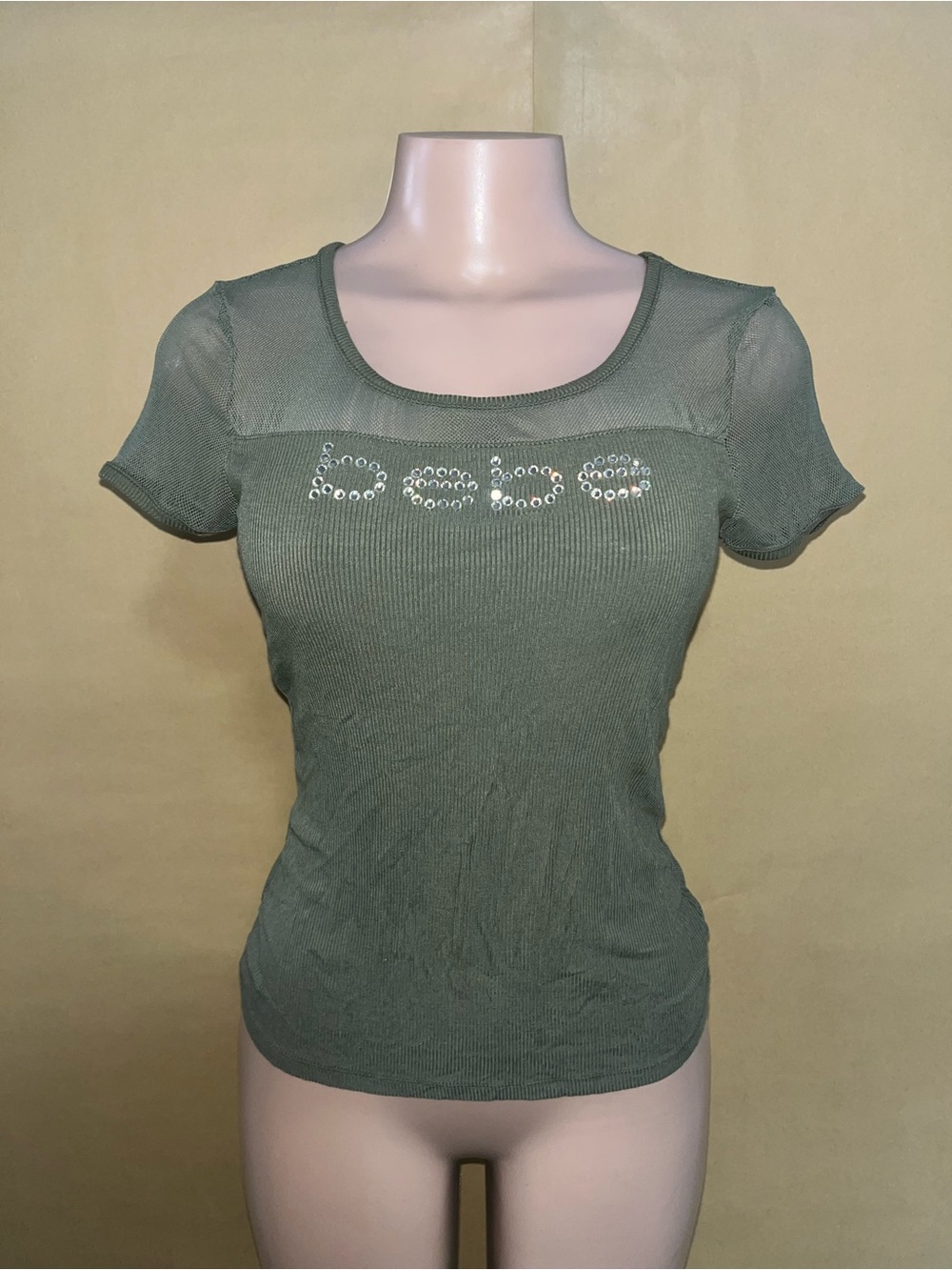 bebe Olive Green Short Sleeve Mesh Yoke Tee with Embellished Logo
